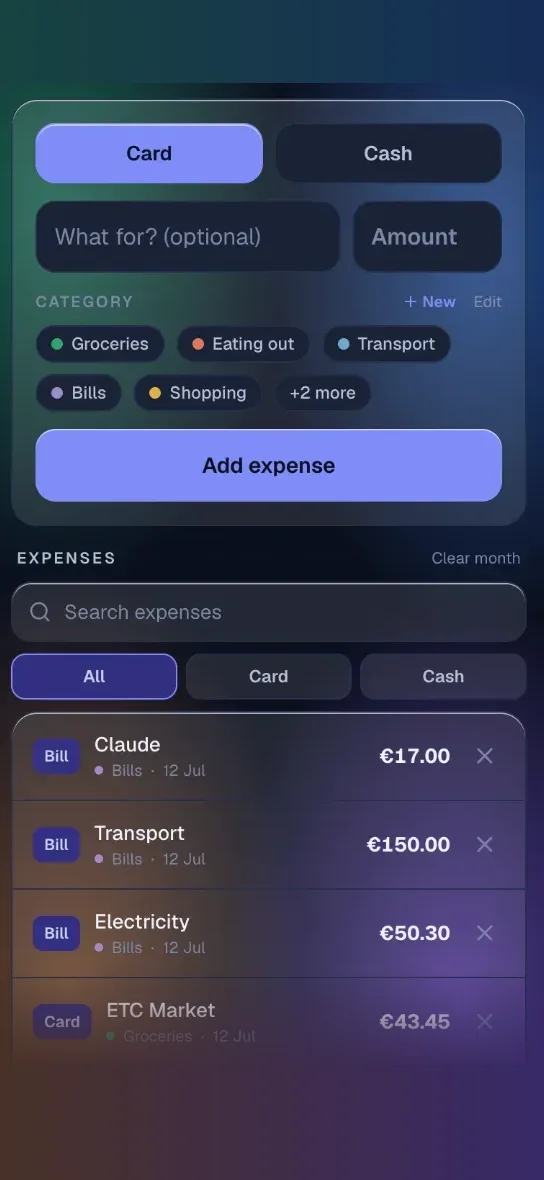 Logging a card or cash expense, with category chips and the running expense list below