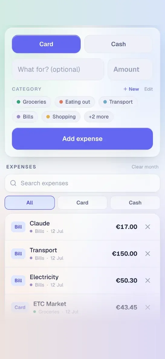 Logging a card or cash expense, with category chips and the running expense list below