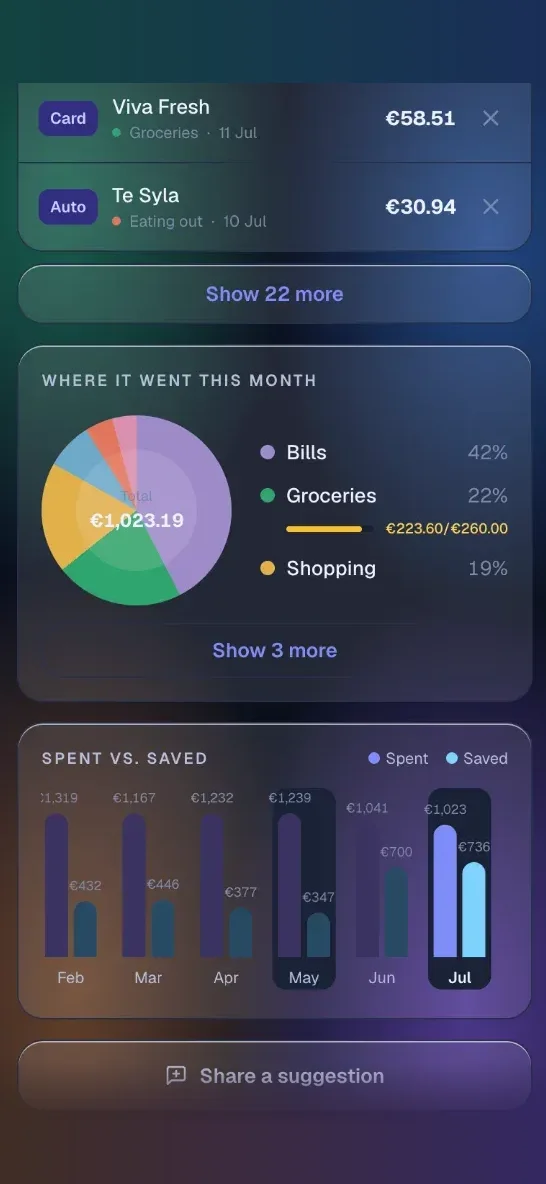 A where-it-went donut chart and a spent-versus-saved bar chart across recent months